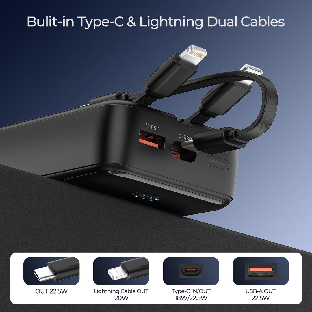 Power bank's built-in USB-C and Lightning cables and its ports, each labelled with its wattage