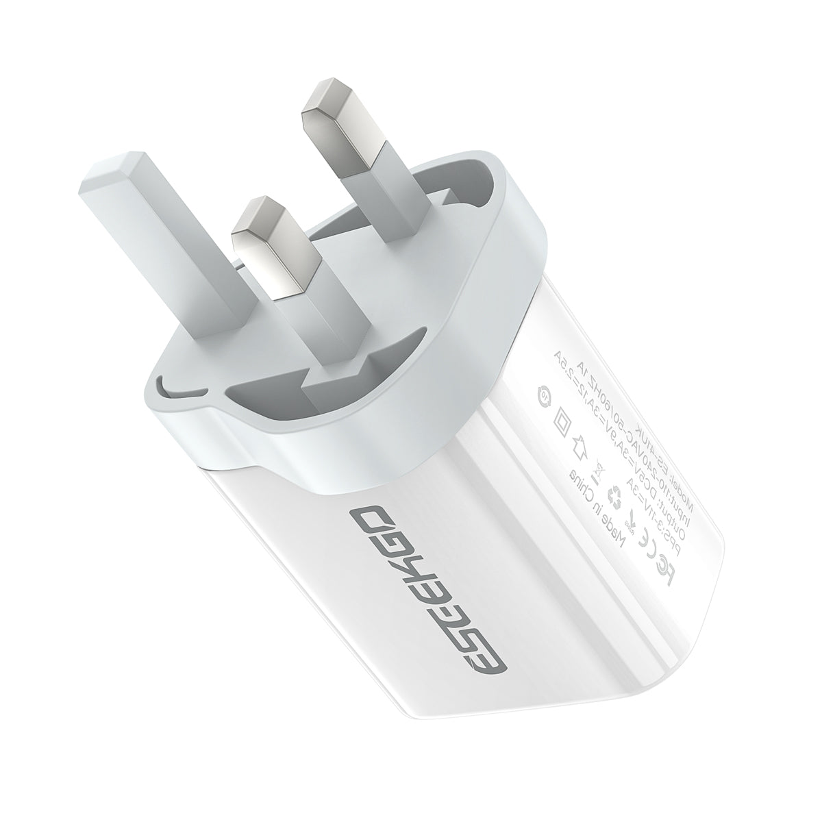 White Eseekgo wall charger with UK plug pins, angled view