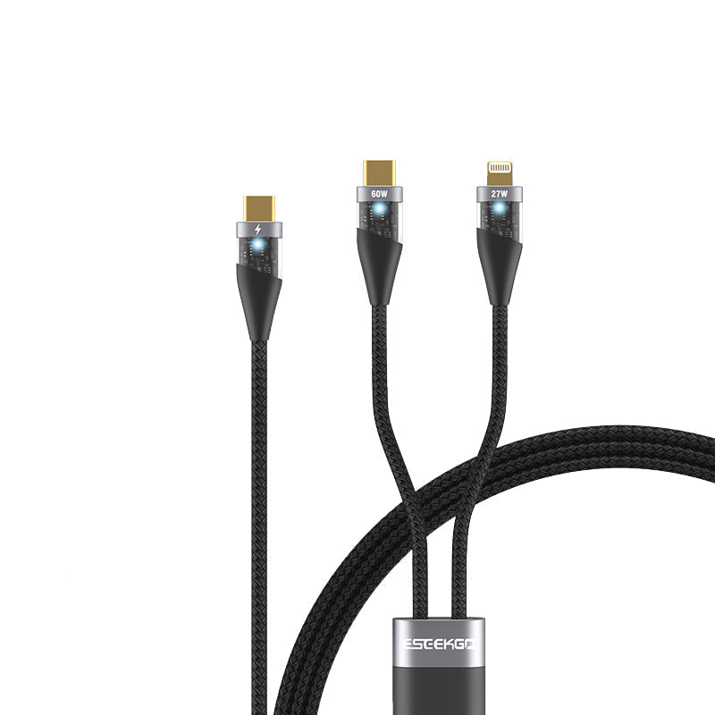 Eseekgo 60W splitter cable with USB-C and Lightning tips and LED indicators