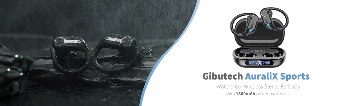 Gibutech AuraliX Sports waterproof earbuds and case beside the same earbuds on a wet rock