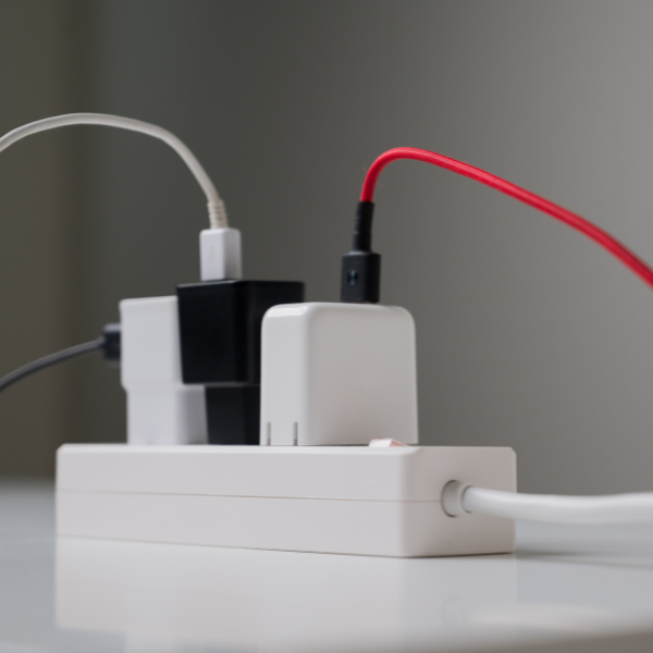 White and black chargers with red and white cables plugged into a power strip
