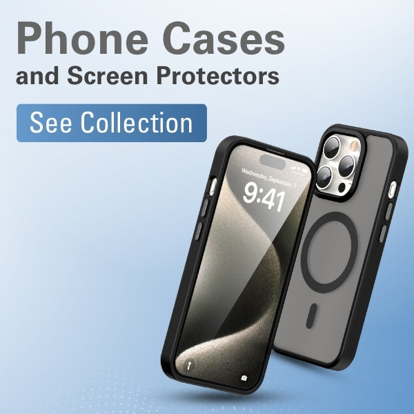 iPhone in a black-framed MagSafe case, captioned phone cases and screen protectors