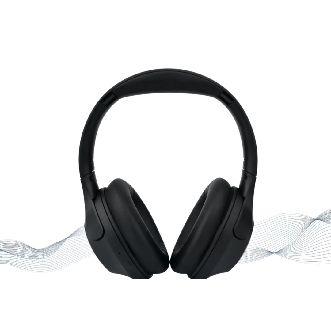 Black over-ear wireless headphones above a sound wave