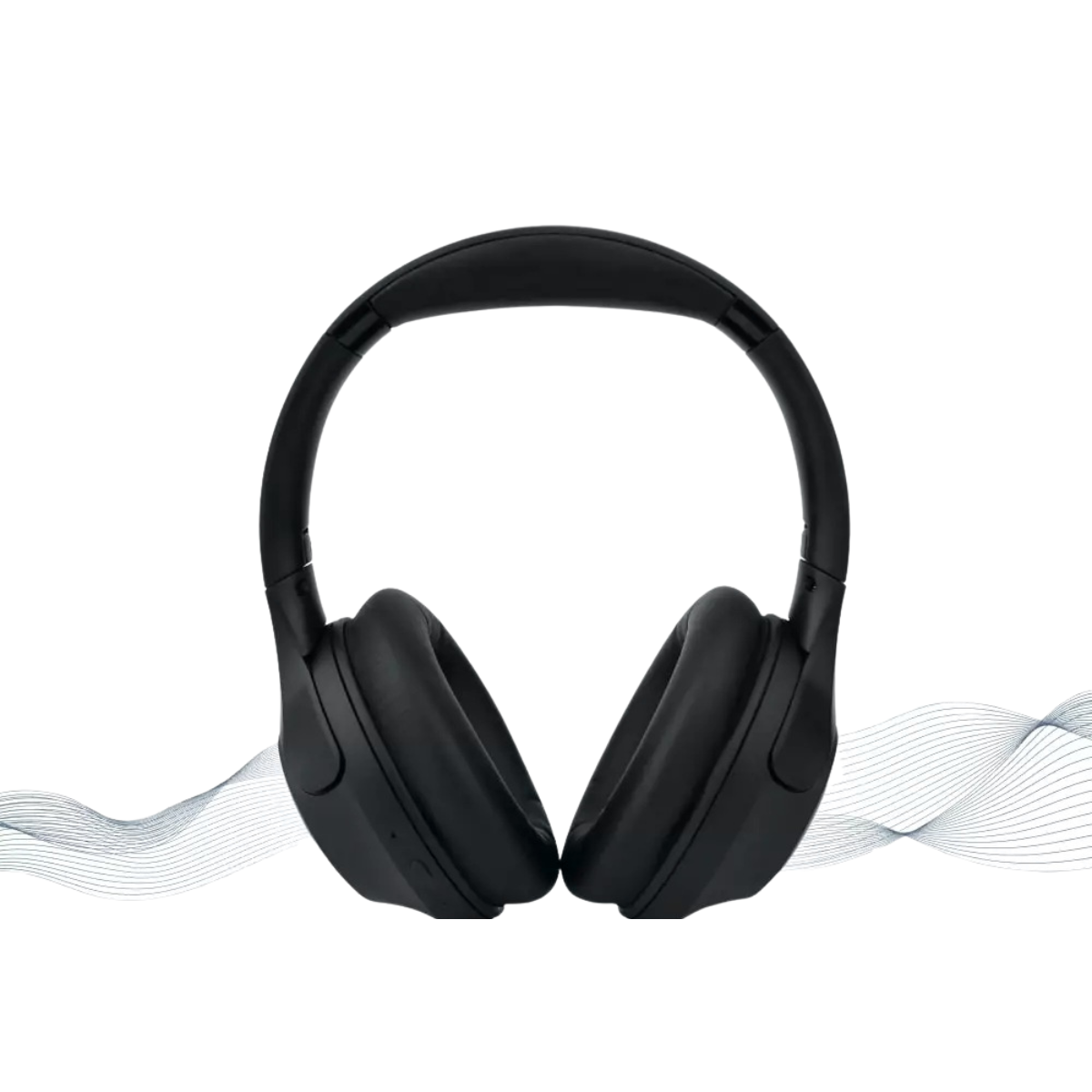 Black over-ear wireless headphones above a sound wave