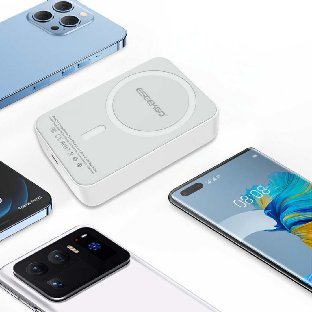 White Eseekgo magnetic wireless power bank among several smartphones
