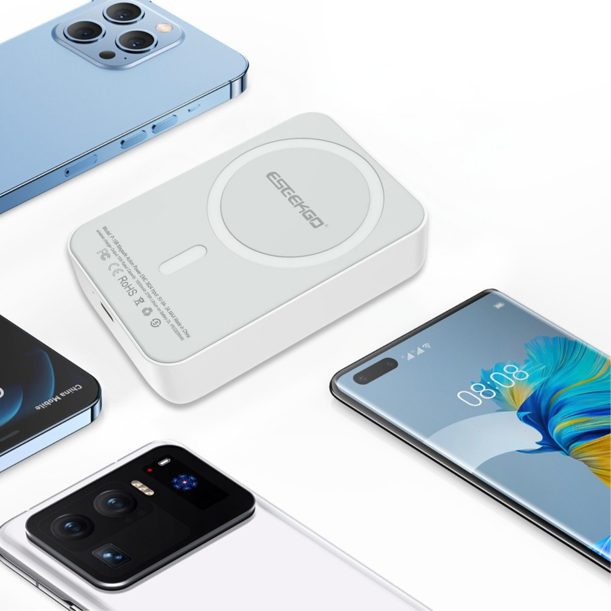 White Eseekgo magnetic wireless power bank among several smartphones