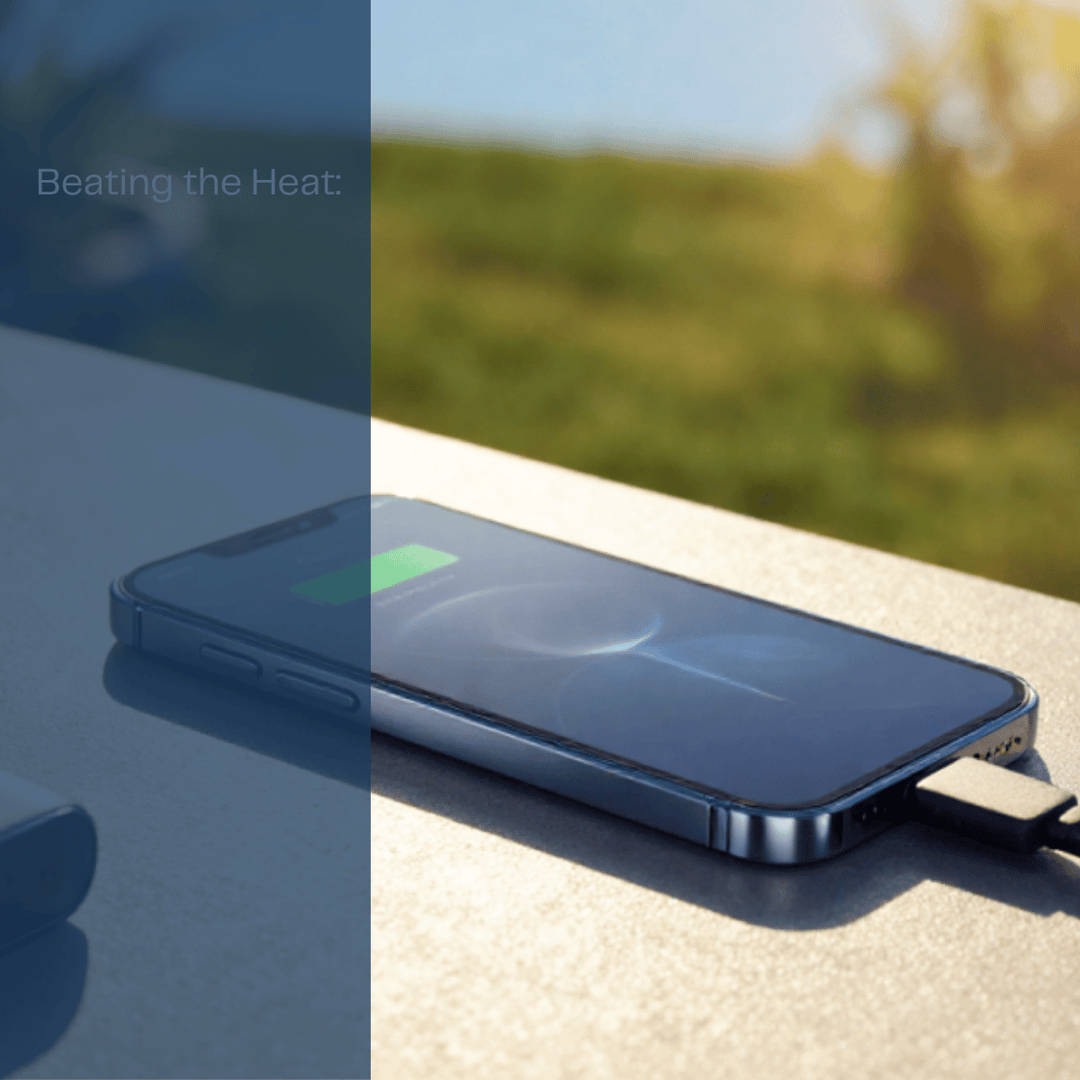 Smartphone charging on a table in bright sunlight, captioned beating the heat
