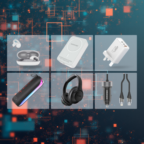 Six Gibutech accessories in a grid: open-ear earbuds, magnetic power bank, wall charger, speaker, headphones and car charger