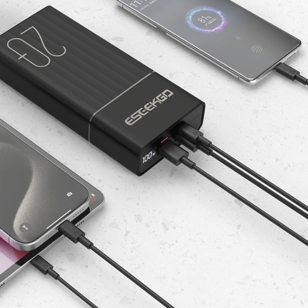 Black Eseekgo 20000mAh power bank charging two phones at once by cable