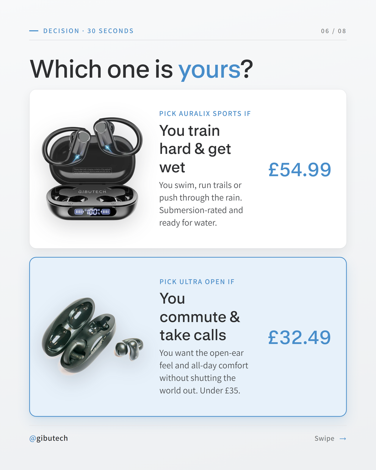 Comparison card: AuraliX Sports (£54.99) for training in the wet, or Ultra Open (£32.49) for commuting and calls