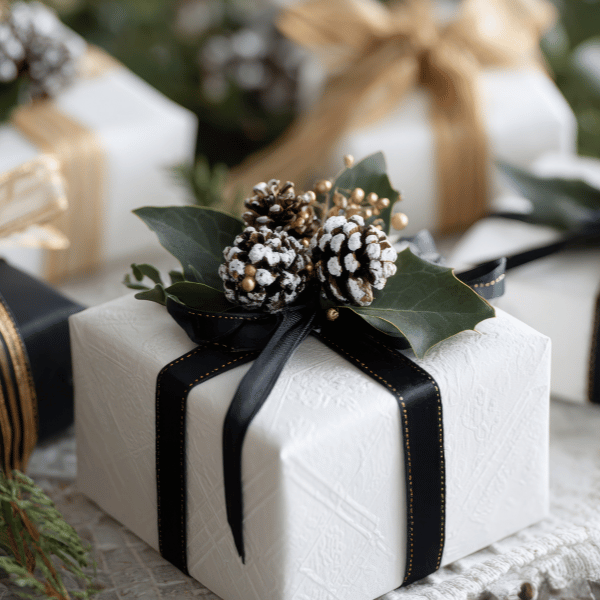 Gift box wrapped in white paper and black ribbon, topped with pine cones