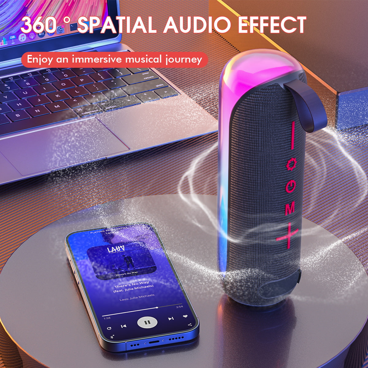 Eseekgo portable speaker with RGB lights beside a phone, captioned 360° spatial audio