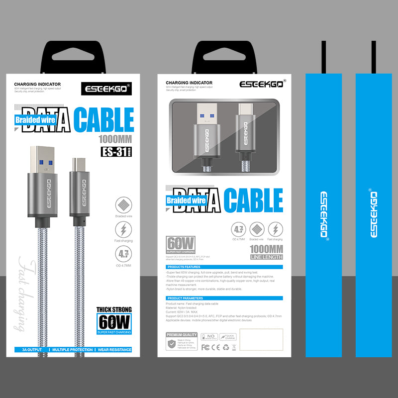 Cable trenzado de carga rápida inteligente USB-C a USB-A de 60 W ESEEKGO