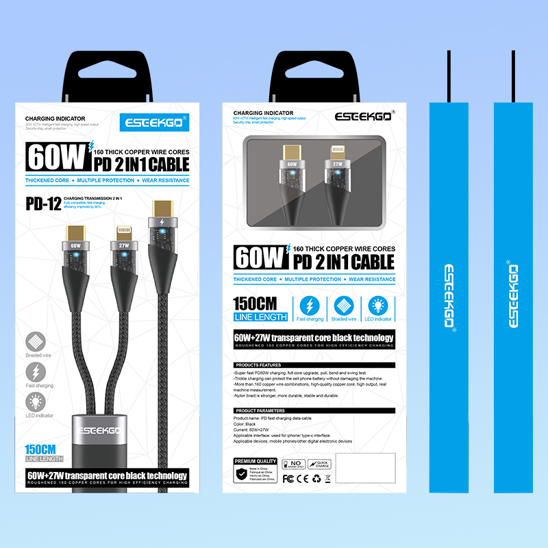 ESEEKGO Cable trenzado 2 en 1 LED 60W USB-C + Lightning a USB-C con certificación MFi 1,5M, negro