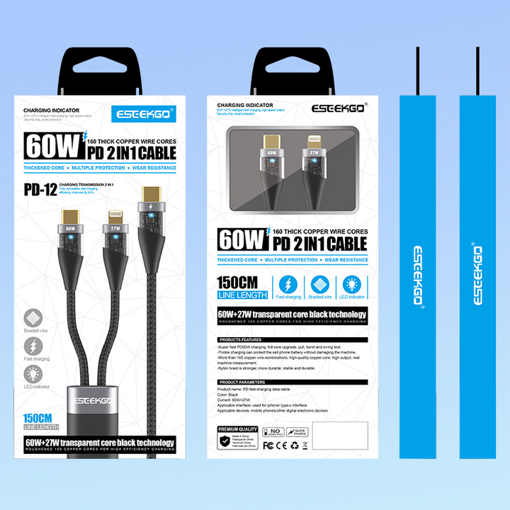 ESEEKGO Cable trenzado 2 en 1 LED 60W USB-C + Lightning a USB-C con certificación MFi 1,5M, negro