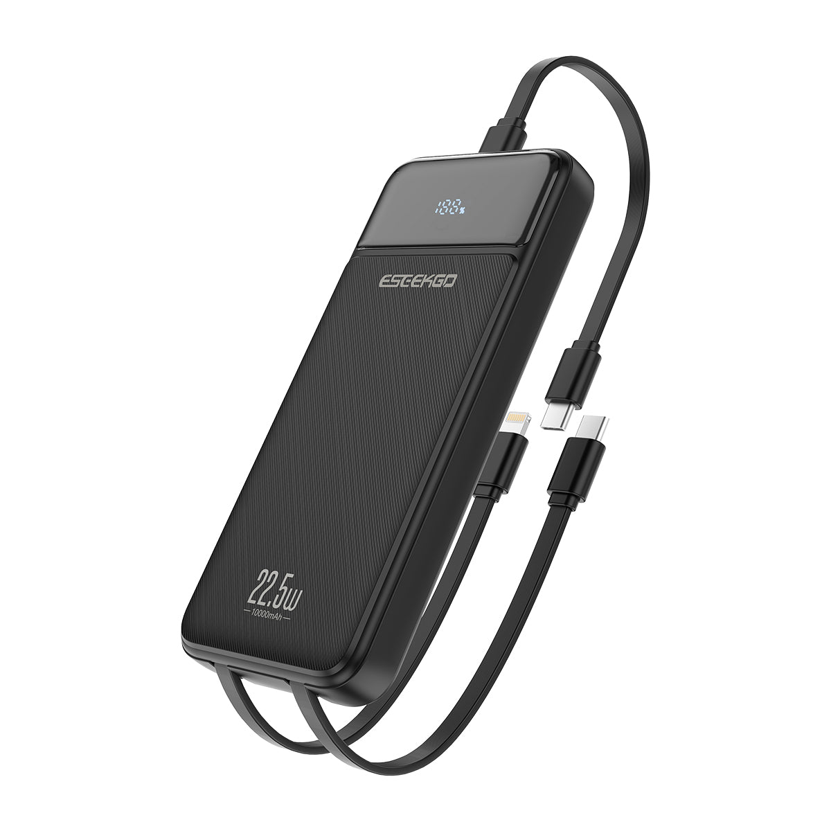 Black Eseekgo 10000mAh power bank with LED display and built-in cables, angled front view