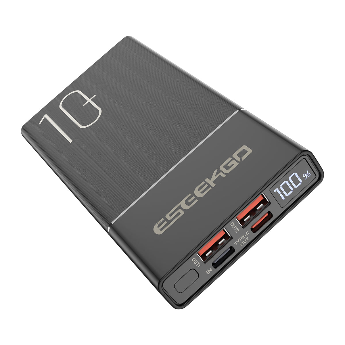 Black Eseekgo 10000mAh power bank with 100% digital display and two USB-A outputs, angled view