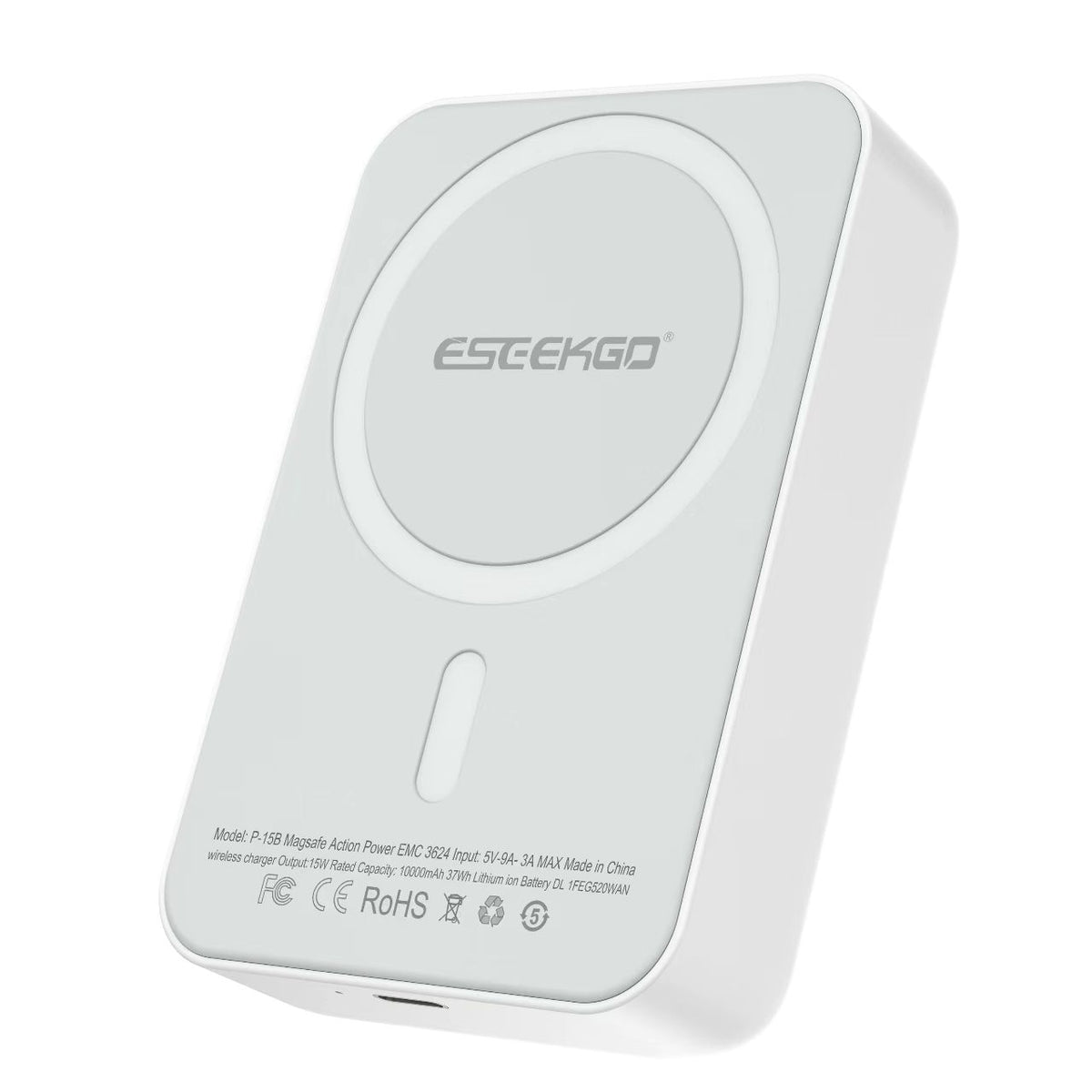 White Eseekgo 10000mAh magnetic wireless power bank, back view with its magnetic ring