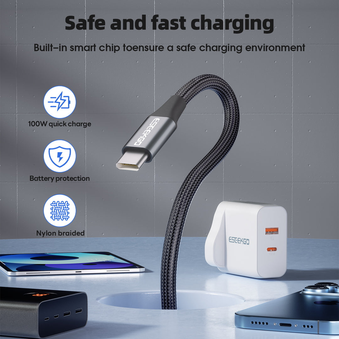 Eseekgo 100W ultrasnabb USB-C till USB-C 20Gbps dataöverföring 4K@60Hz Laddningskabel, svart