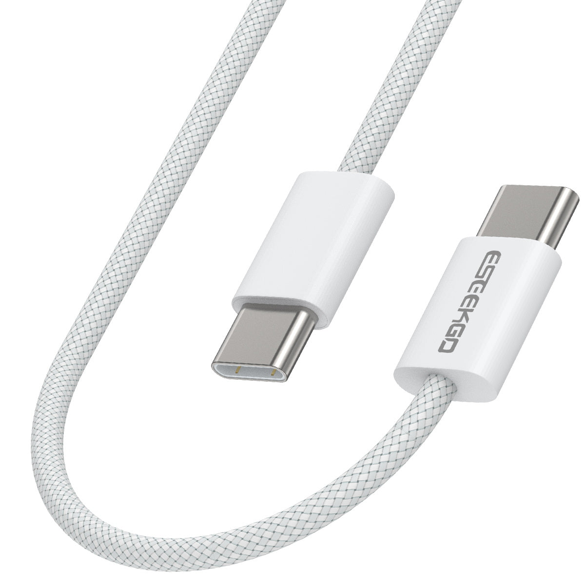 White Eseekgo 100W braided USB-C to USB-C cable, close-up of both connectors
