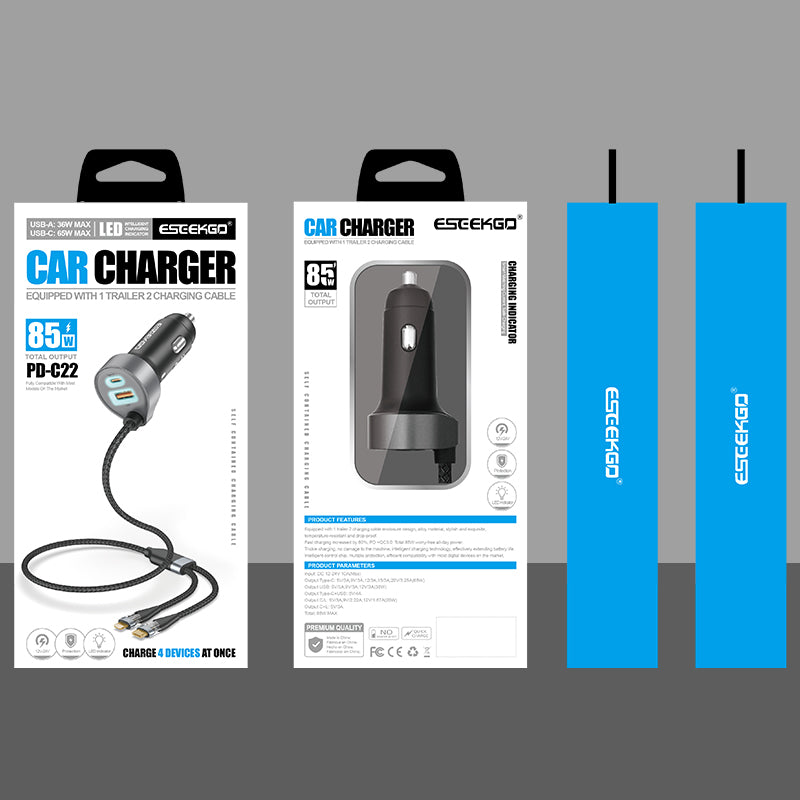 ESEEKGO 85W LED 4-in-1 Fast-Charging Car Charger with 1 trailer 2 charging cable (Chargeur de voiture à charge rapide avec 1 remorque et 2 câbles de charge)