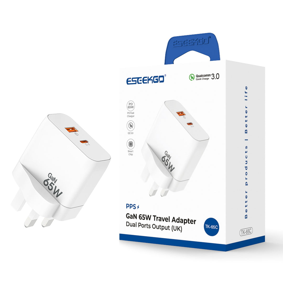 Eseekgo 65W GaN Lightning-fast Wall Charger with Dual Ports - USB-C and USB-A