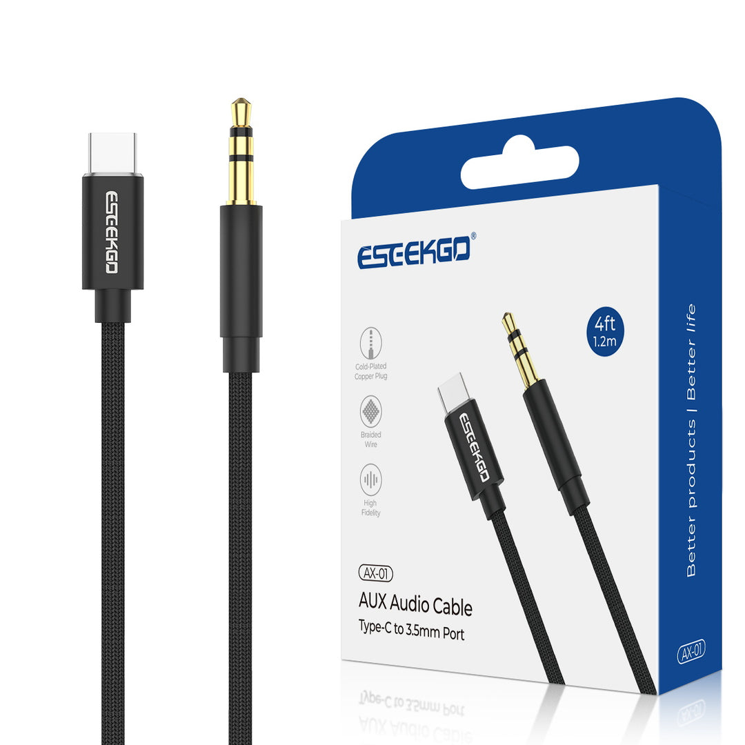 USB-C till 3,5 mm Aux Stereo Audio Bomullsnätflätad kabel - Svart, 1,2M