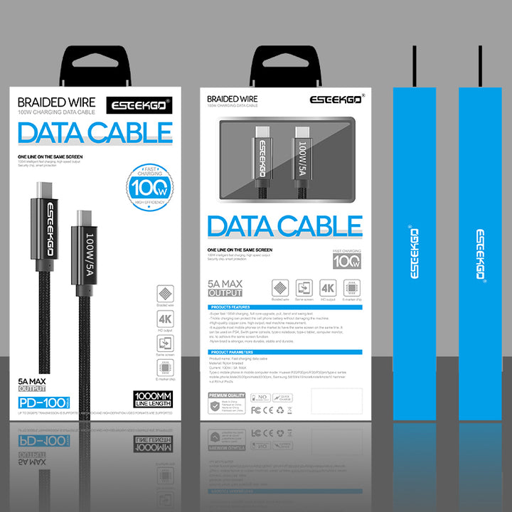 ESEEKGO 100W Ultrafast USB-C to USB-C 20Gbps data transfer 4K@60Hz Charging Cable 1M, Black (câble de chargement ultra-rapide USB-C vers USB-C 20Gbps)