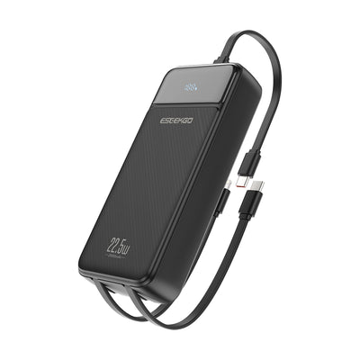 Black Eseekgo 20000mAh power bank with LED display and built-in cables, angled front view