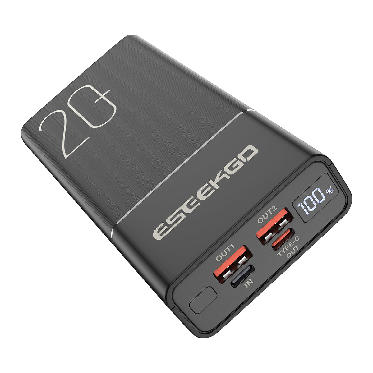 Black Eseekgo 20000mAh power bank with 100% digital display and two USB-A outputs, angled view