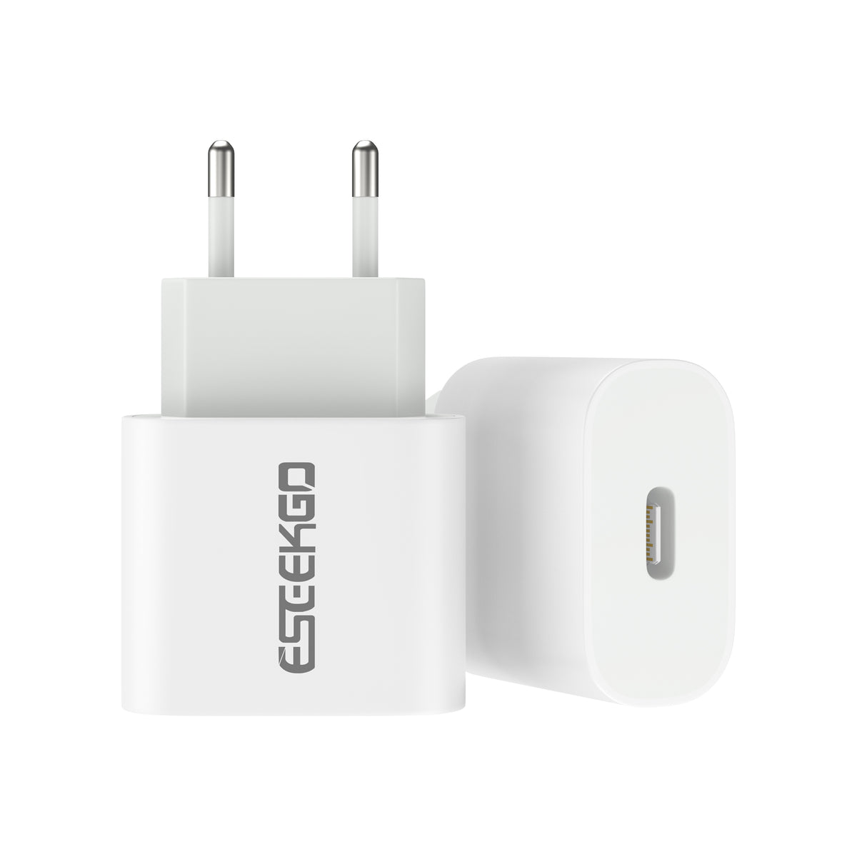 Two white Eseekgo 20W USB-C chargers with EU plugs, front and side views