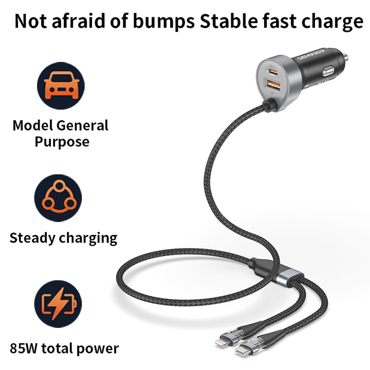 ESEEKGO 85W LED 4-in-1 Fast-Charging Car Charger with 1 trailer 2 charging cable (Chargeur de voiture à charge rapide avec 1 remorque et 2 câbles de charge)