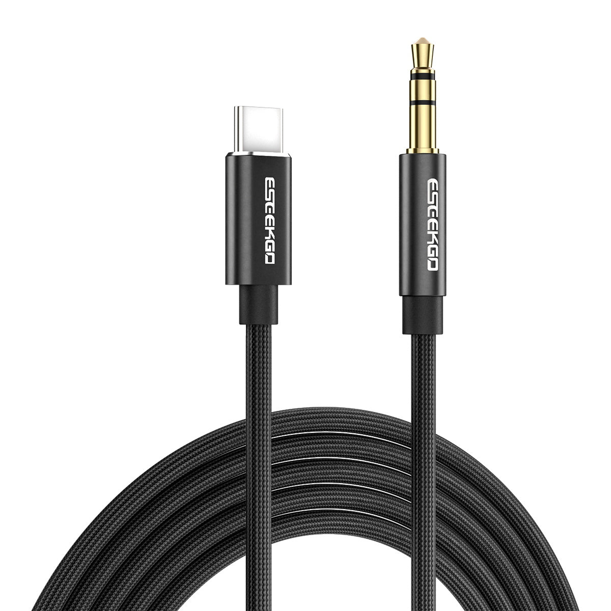 Eseekgo 1.2m black braided USB-C to 3.5mm aux cable, connectors upright