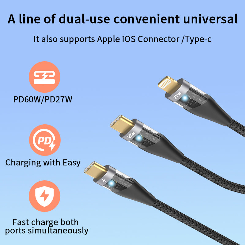 Eseekgo 2-in-1 LED 60W USB-C + MFi Certified Lightning to USB-C Braided Cable 1.5M, Black