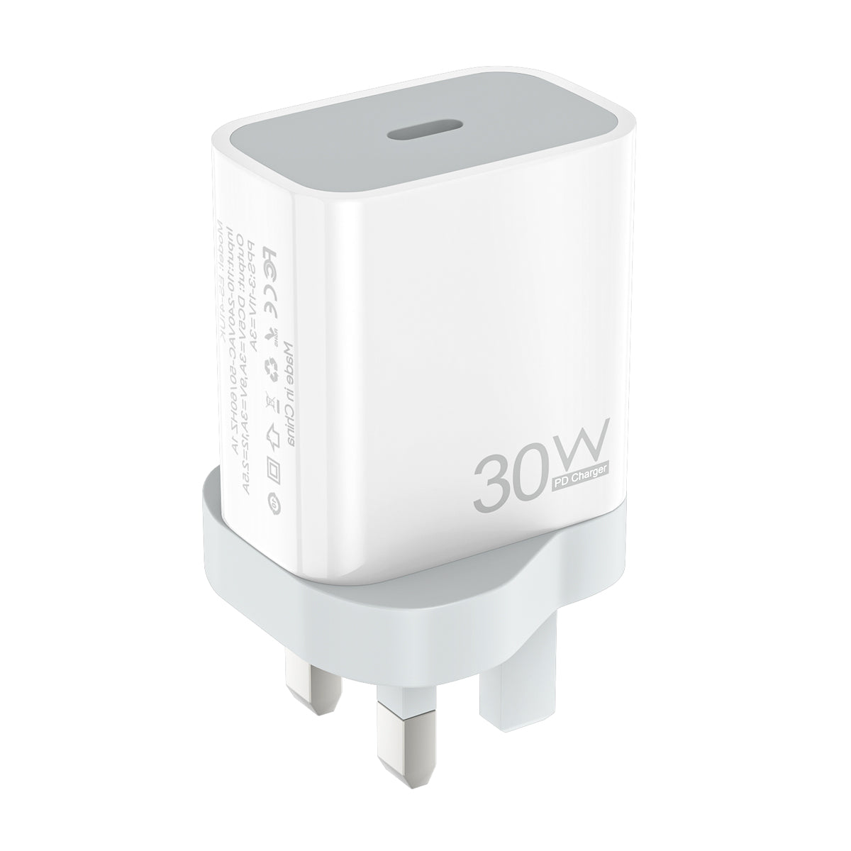 White Eseekgo 30W USB-C wall charger with UK plug, angled view