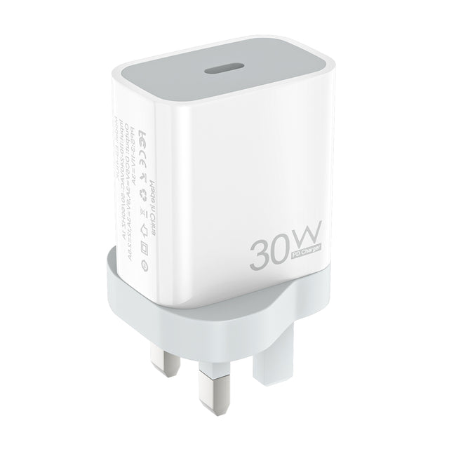 White Eseekgo 30W USB-C wall charger with UK plug, angled view