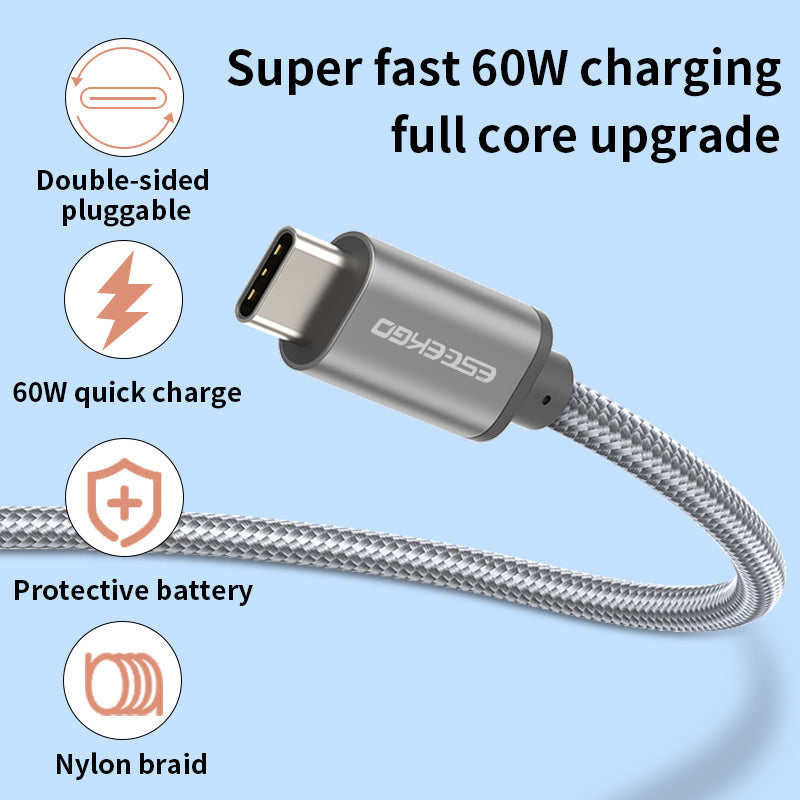 ESEEKGO 60W Inteligentne szybkie ładowanie USB-C do USB-A Kabel w oplocie