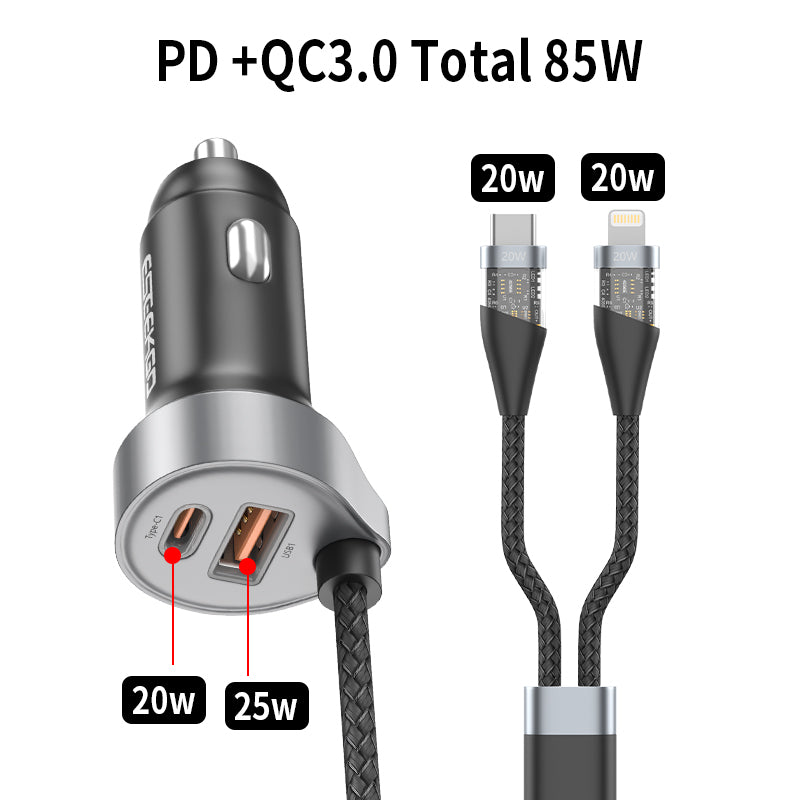 ESEEKGO Carregador de automóvel de carregamento rápido LED 4 em 1 de 85 W com cabo de carregamento de 1 reboque 2