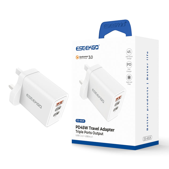 White 45W GaN super-fast wall charger with triple ports - two USB-C and one USB-A