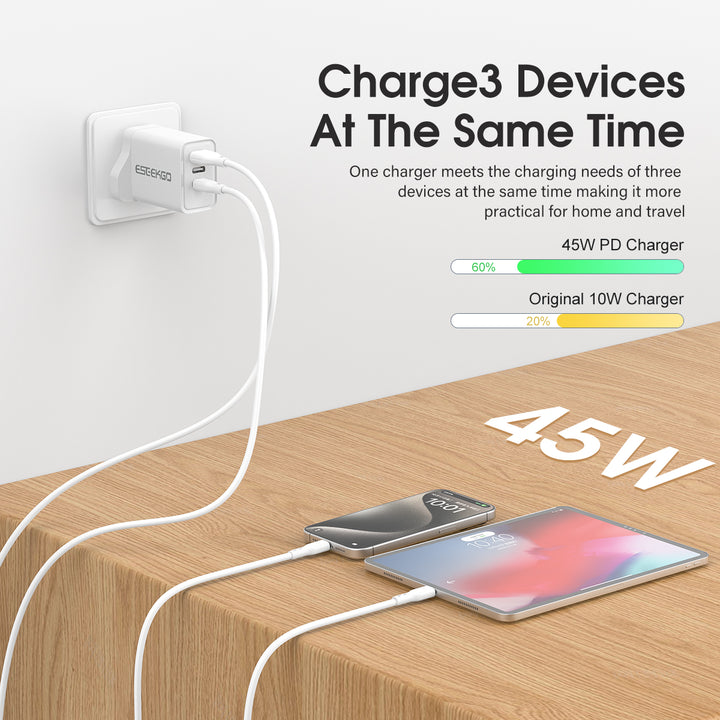 Eseekgo 45W GaN Super-fast Wall Charger with Triple Ports - Dual USB-C and USB-A