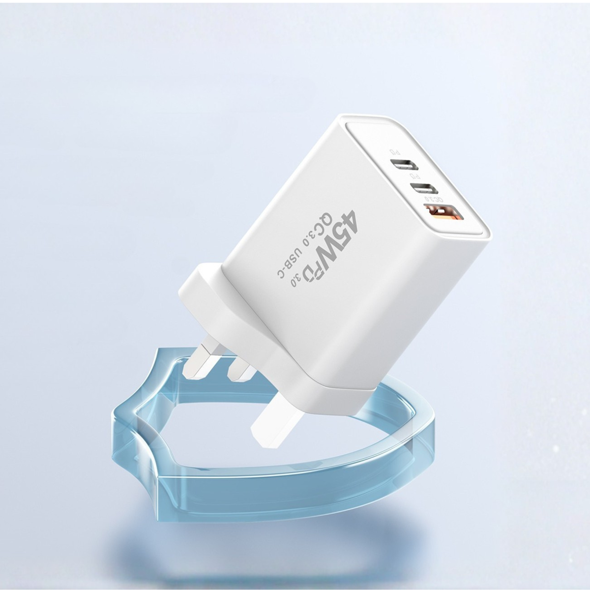 White Eseekgo 45W GaN wall charger with two USB-C ports and one USB-A port, angled view