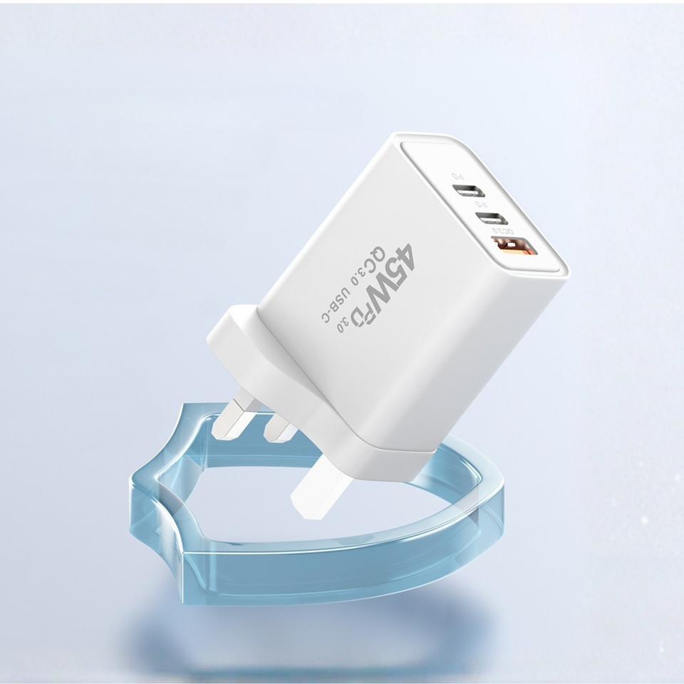 White Eseekgo 45W GaN wall charger with two USB-C ports and one USB-A port, angled view