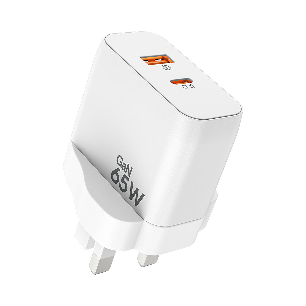 White Eseekgo 65W GaN wall charger with one USB-A and one USB-C port, angled view