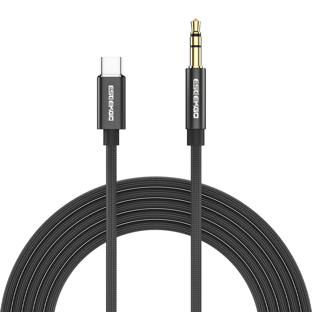 USB-C till 3,5 mm Aux Stereo Audio Bomullsnätflätad kabel - Svart, 1,2M