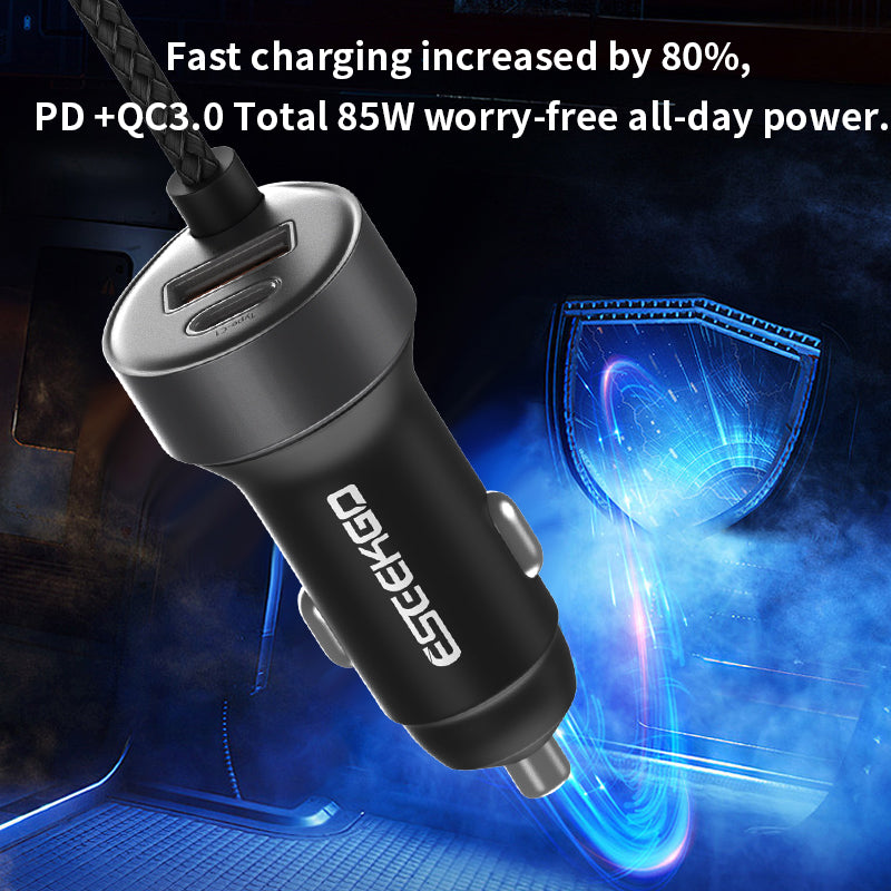 ESEEKGO 85W LED 4-in-1 Fast-Charging Car Charger with 1 trailer 2 charging cable (Chargeur de voiture à charge rapide avec 1 remorque et 2 câbles de charge)