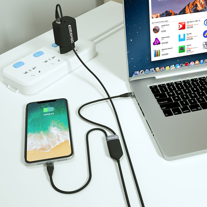 ESEEKGO 2-in-1 LED 60W USB-C + MFi Certified Lightning naar USB-C Gevlochten Kabel 1,5M, Zwart