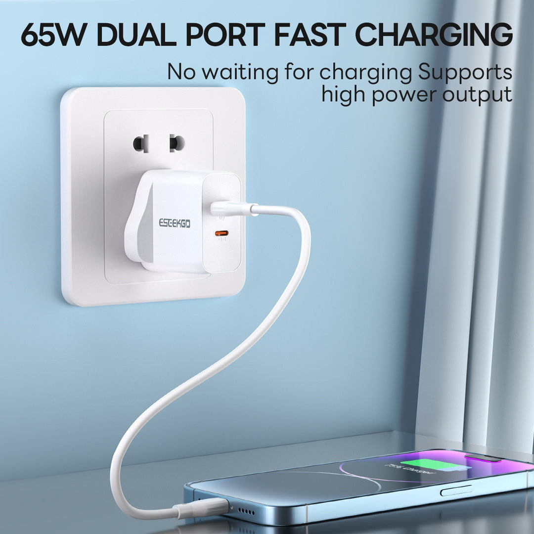 Eseekgo 65W GaN Lightning-fast Wall Charger with Dual Ports - USB-C and USB-A