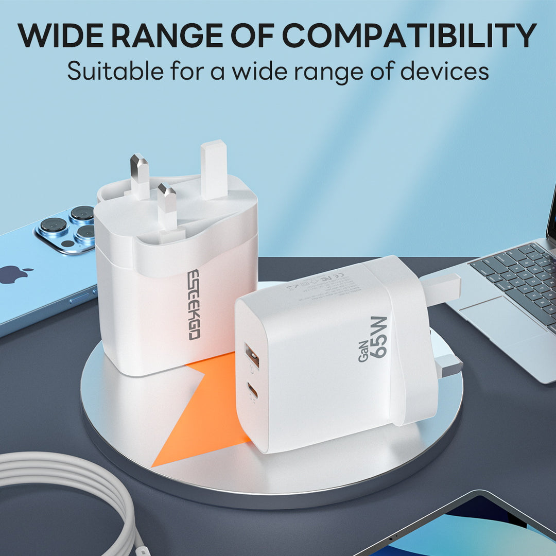 Eseekgo 65W GaN Lightning-fast Wall Charger with Dual Ports - USB-C and USB-A