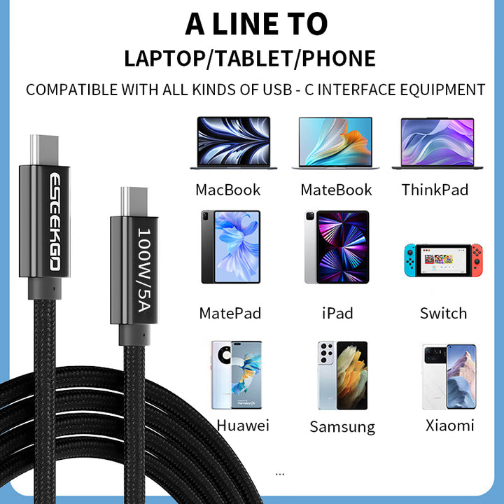 ESEEKGO 100W Ultrafast USB-C to USB-C 20Gbps data transfer 4K@60Hz Charging Cable 1M, Black (câble de chargement ultra-rapide USB-C vers USB-C 20Gbps)