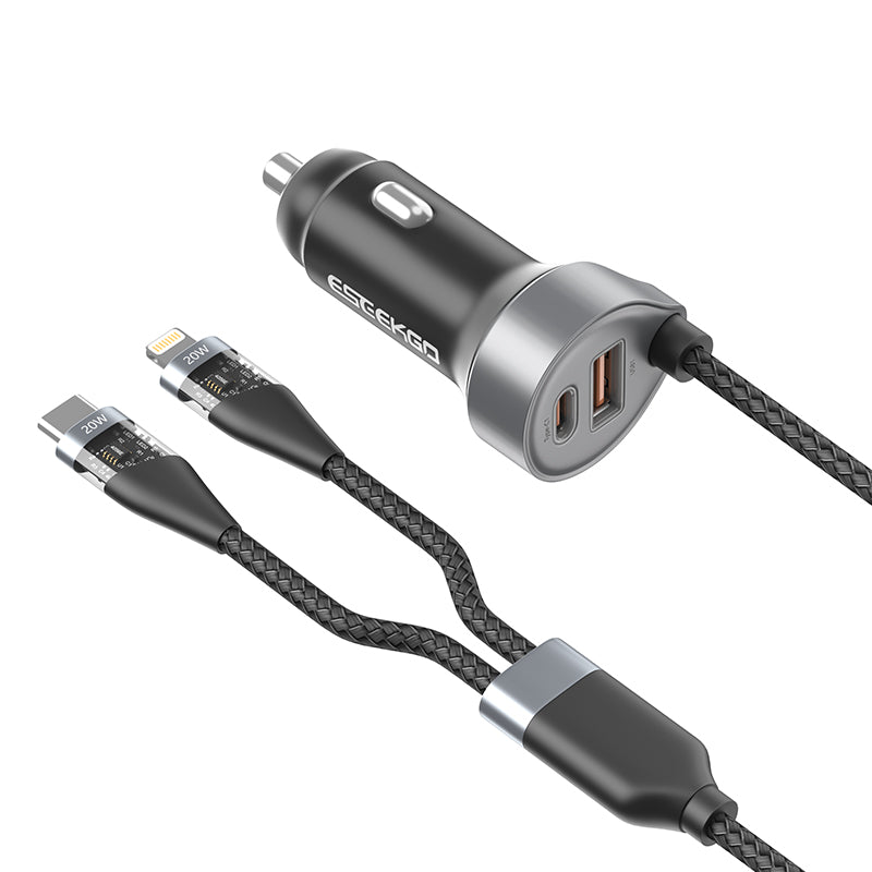 Eseekgo 85W car charger with USB-C and USB-A ports and a built-in USB-C and Lightning cable